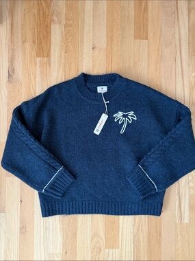 NWT: Sundry Navy Crewneck Sweater w/ Palm Embroidery, Very Soft, Boxy Fit, sz Sm